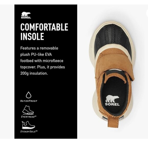 SOREL Boys Sz 12 Out N About IV Strap Rain Hike Boots Waterproof Taffy Tan Black - Picture 4 of 16